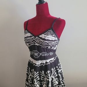 Vintage Black & White 100% Cotton Floral Midi Dress